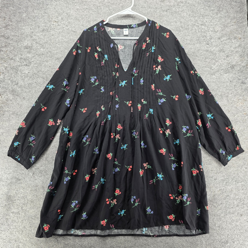 Old Navy Dress Womens XL Black Trapeze & Swing Short Long Sleeve Floral Rayon